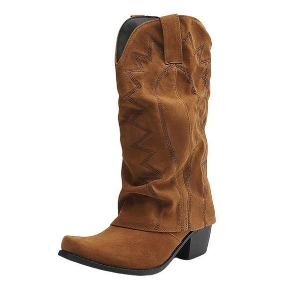 Mostsola Fold Over Cowboy Boots for Women Mid Calf Square Toe Chunky Heel Slouchy Suede Boots