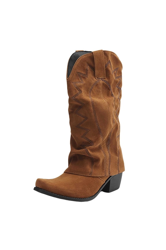 Fold Over Cowboy Boots for Women Mid Calf Square Toe Chunky Heel Slouchy Suede Boots
