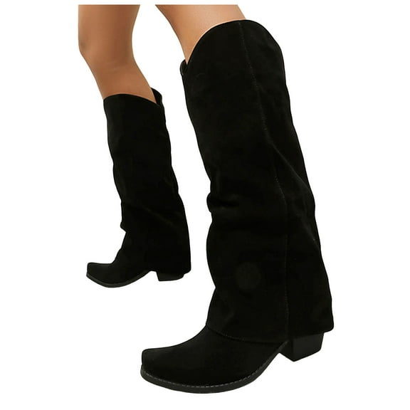 Mostsola Fold Over Cowboy Boots for Women Slouchy Suede Pull on Square Toe Mid Calf Cowgirl Boots