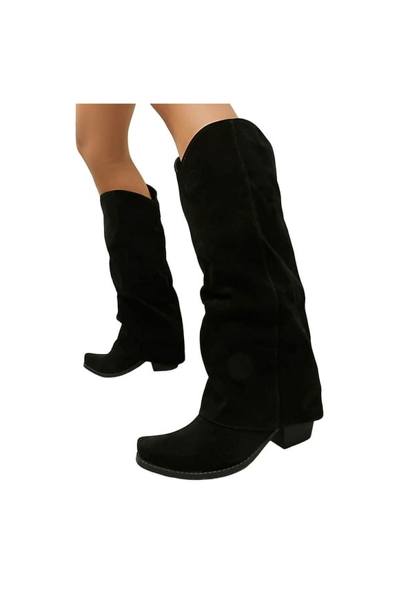 Fold Over Cowboy Boots for Women Slouchy Suede Pull on Square Toe Mid Calf Cowgirl Boots