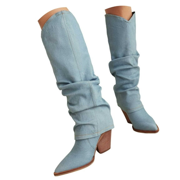 Mostsola Fold Over Denim Boots for Women Slouchy Knee High Boots Low Chunky Heel Pull on Fall Boots