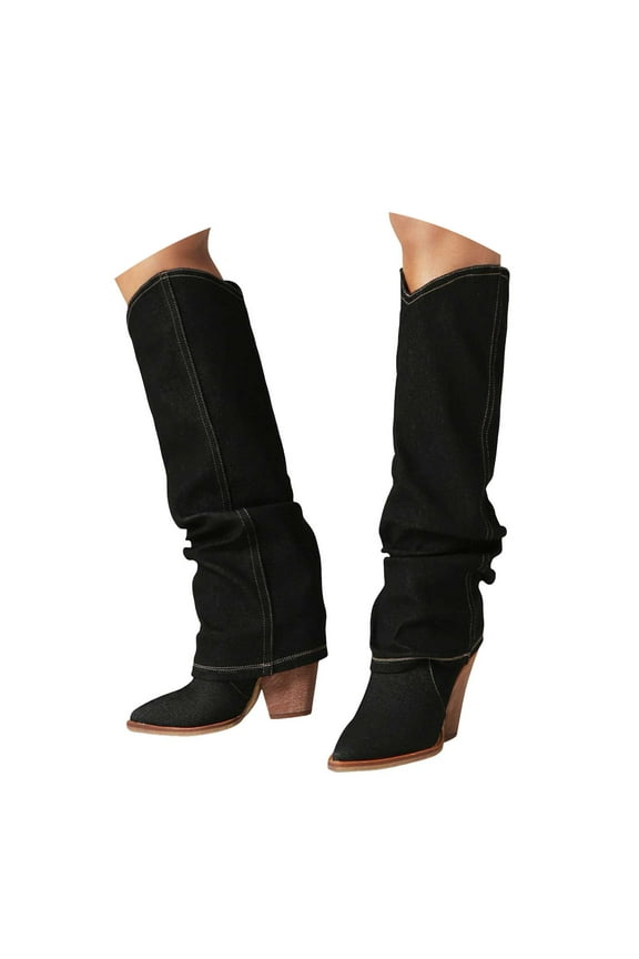 Fold Over Denim Boots for Women Slouchy Knee High Boots Low Chunky Heel Pull on Fall Boots