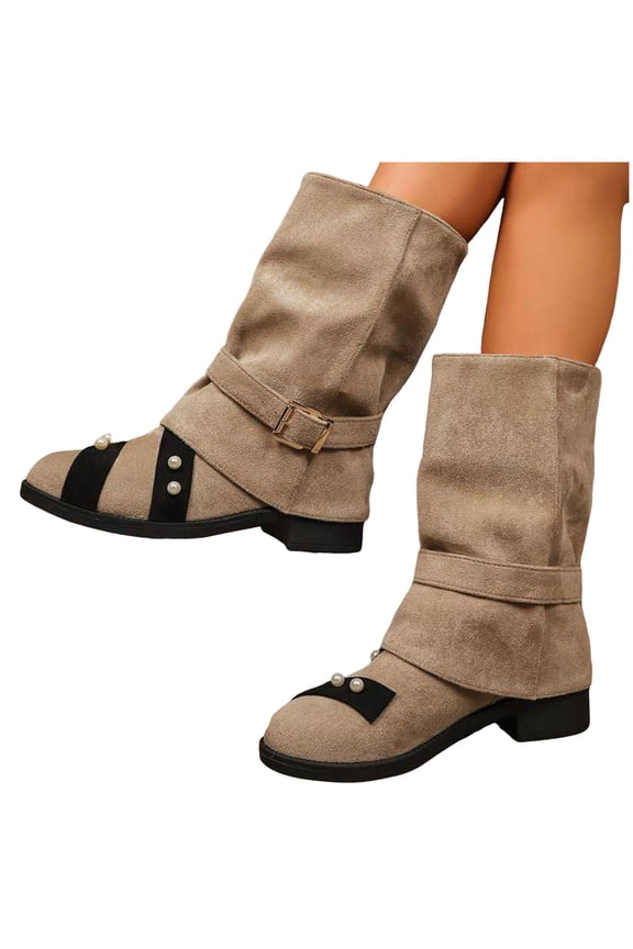 Fold Over Fall Boots for Women Elegant Pearl Low Heel Dressy Buckle Strappy Mid Calf Boots