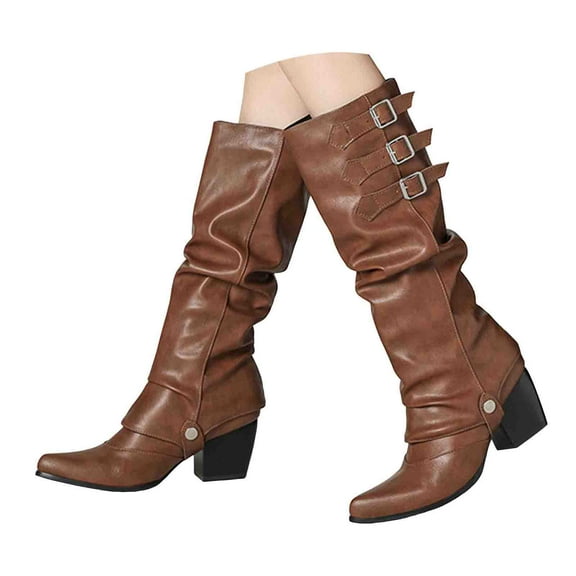 Mostsola Fold Over Knee High Boots Womens Slouchy Pointy Toe Chunky Heel Western Tall Riding Boots