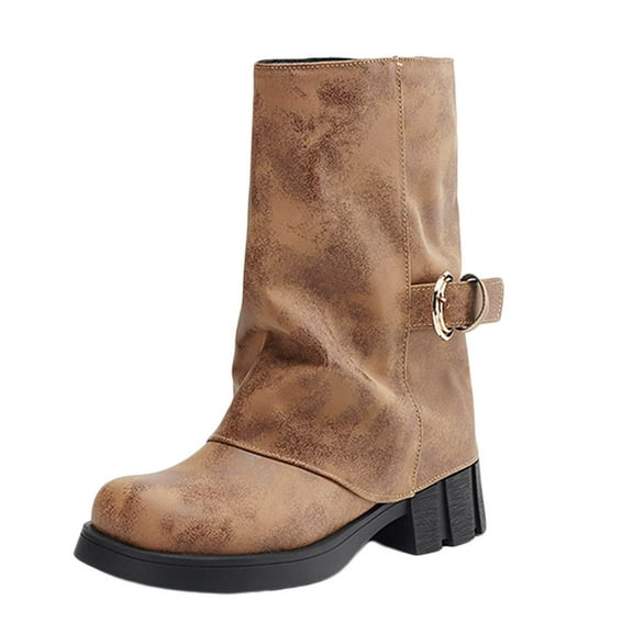 Mostsola Fold Over Mid Calf Boots for Women Fashion Chunky Heel Round Toe Western Pull on Long Boot