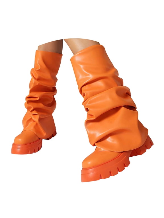Fold Over Slouchy Boots for Women Chunky Lug Sole Fashion Round Toe Pull on Mid Calf Boots