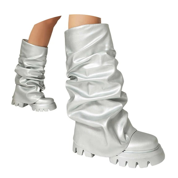 Mostsola Fold Over Slouchy Boots for Women Chunky Lug Sole Fashion Round Toe Pull on Mid Calf Boots