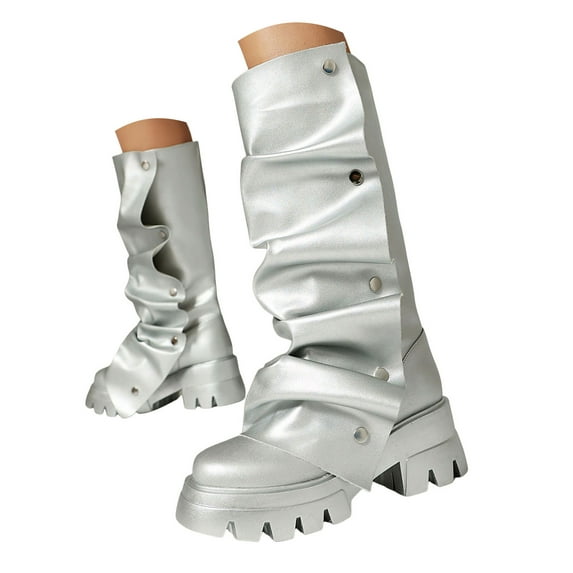 Mostsola Fold Over Slouchy Boots for Women Chunky Lug Sole Fashion Round Toe Pull on Mid Calf Boots