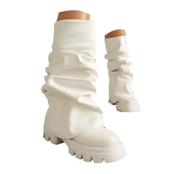 Mostsola Fold Over Slouchy Boots for Women Chunky Lug Sole Fashion Round Toe Pull on Mid Calf Boots