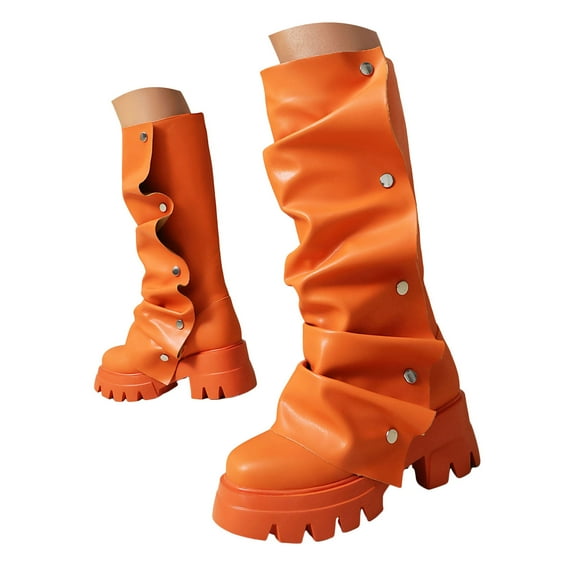 Mostsola Fold Over Slouchy Boots for Women Chunky Lug Sole Fashion Round Toe Pull on Mid Calf Boots