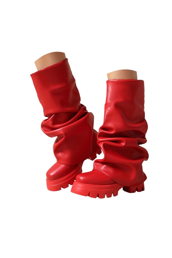 Fold Over Slouchy Boots for Women Chunky Lug Sole Fashion Round Toe Pull on Mid Calf Boots