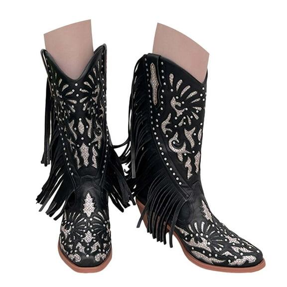 Mostsola Fringe Cowboy Boots for Women Hollow out Sparkly Rhinestone Dressy Western Cowgirl Boots