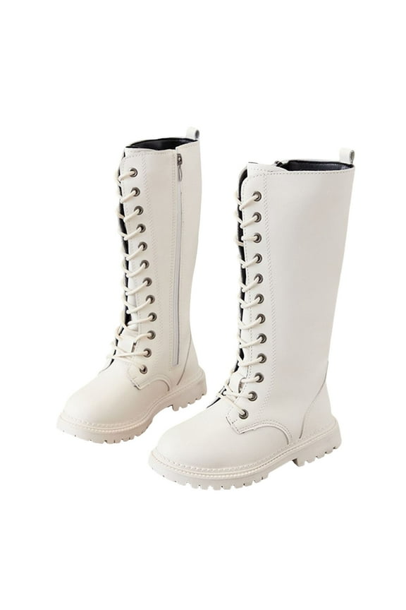 Girls Knee High Boots with Side Zipper Lace up Platform Lug Sole Combat Riding Shoes