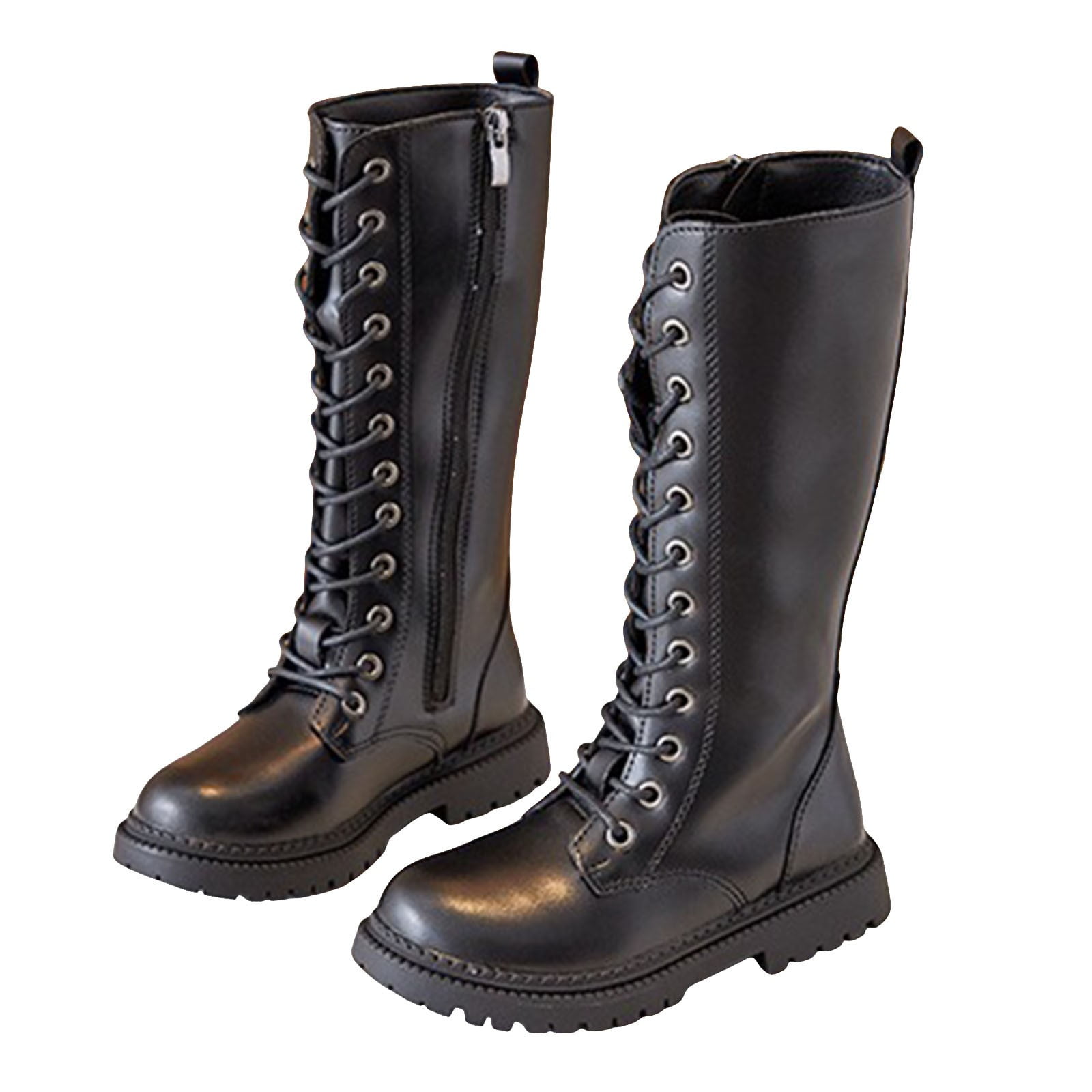 Girls Knee High Boots with Side Zipper Lace up Platform Lug Sole Combat Riding Shoes