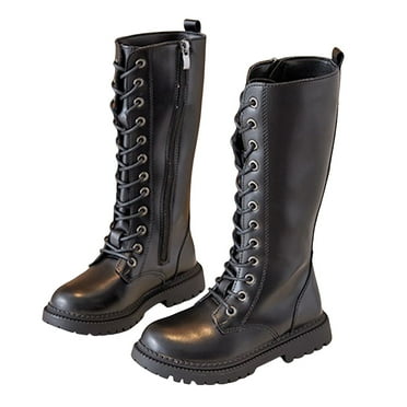 Mostsola Girls Knee High Boots with Side Zipper Lace up Platform Lug Sole Combat Riding Shoes