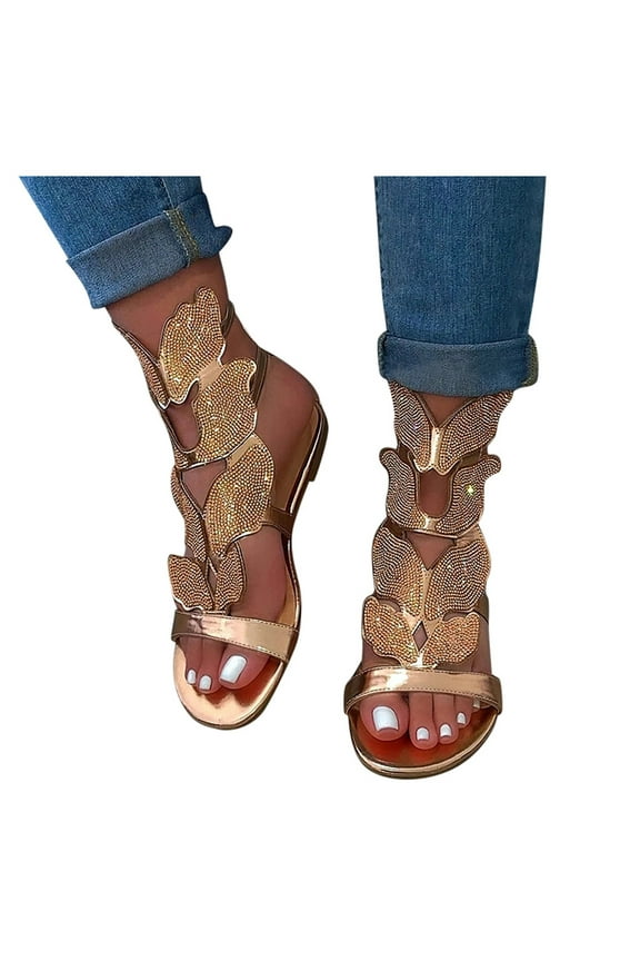 Gladiator Sandals for Women Rhinestone Butterfly Caged Sandals Double Ankle Strap Flats