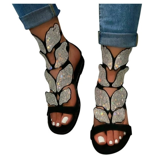 Mostsola Womens Open Toe Caged Gladiator Ankle Sandals Rhinestone Hollow Out Flats Glitter Beach Shoes