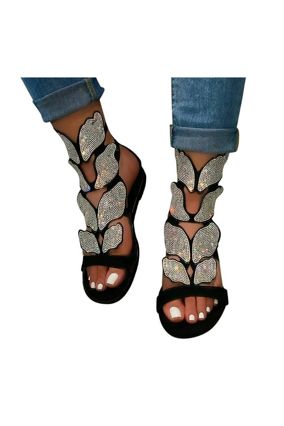 Gladiator Sandals for Women Rhinestone Butterfly Caged Sandals Double Ankle Strap Flats