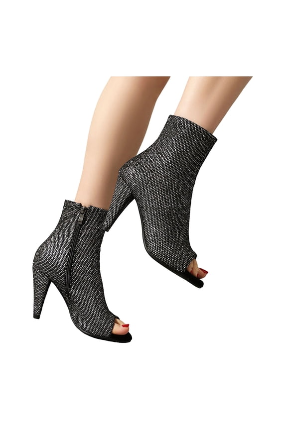 Glitter Ankle Boots for Women Peep Toe Heels Trendy Party Dress Shoes with Side Zipper