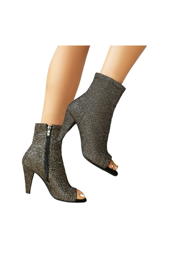 Glitter Ankle Boots for Women Peep Toe Heels Trendy Party Dress Shoes with Side Zipper