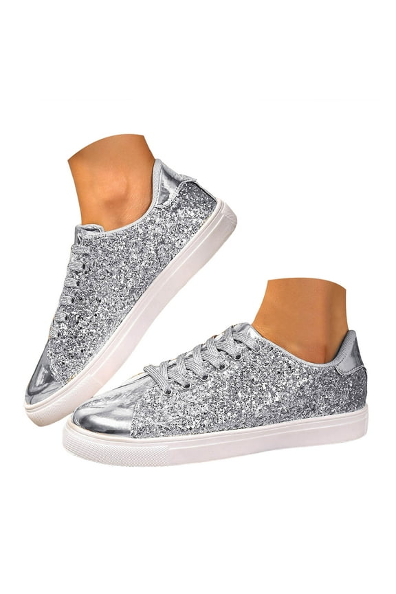 Glitter Sneakers for Women Lace up Tennis Shoes Fashion Sparkly Low Top Walking Shoes