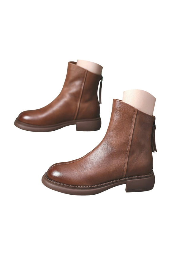 Gogo Ankle Boots for Women Fashion Round Toe Short Boots Block Heel Zipper Booties