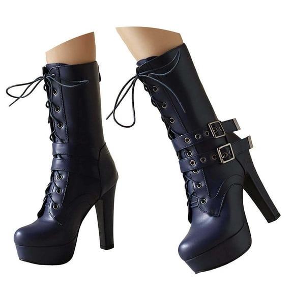Mostsola Gothic Boots for Women Platform Heels Fashion Lace up Buckle Strap Mid Calf Boots