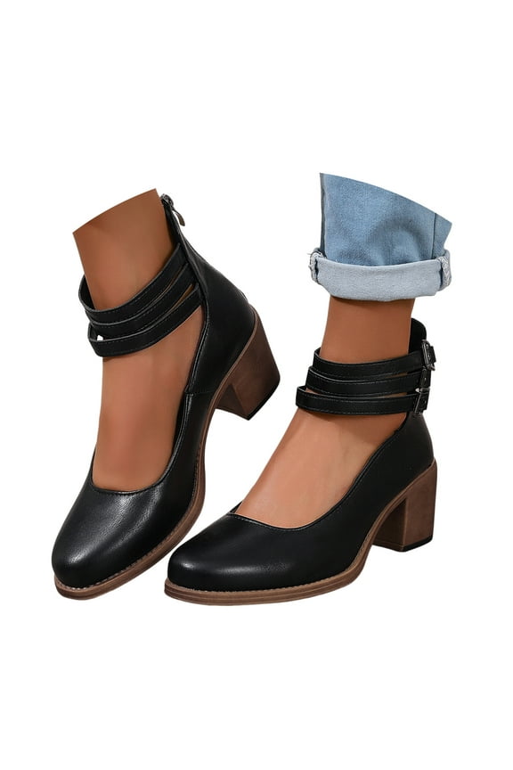Heels for Women Closed Toe Dress Shoes Ankle Strap Zipper Block Heeled Pumps Shoes