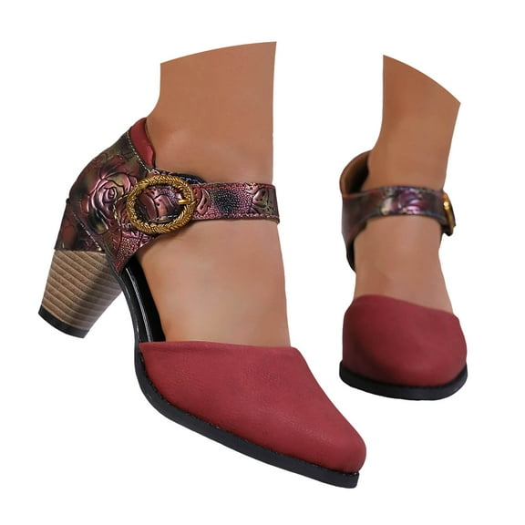 Mostsola Heels for Women Retro Flower Print Mary Jane Shoes Closed Toe Ankle Strap Dress Shoes