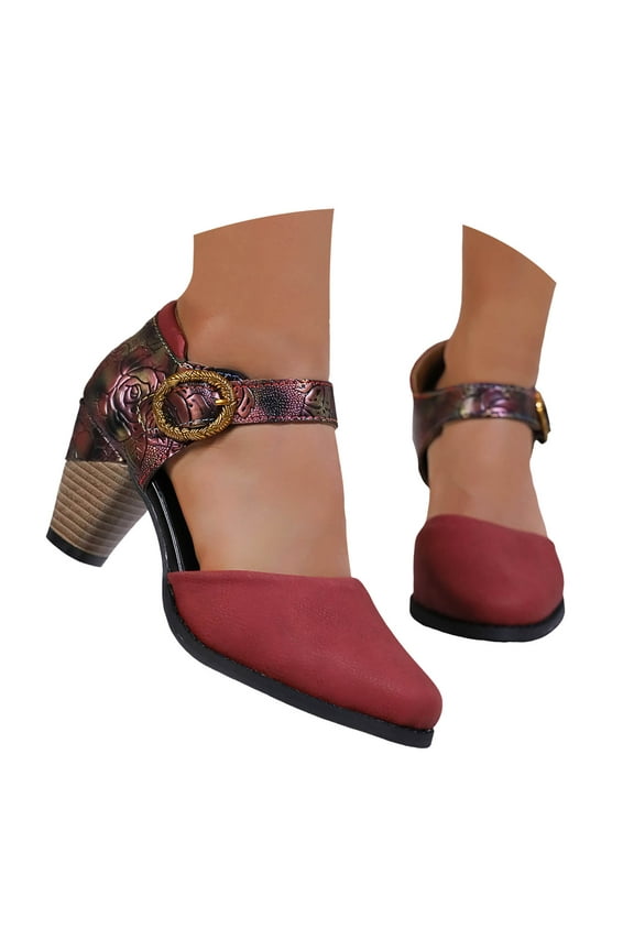 Heels for Women Retro Flower Print Mary Jane Shoes Closed Toe Ankle Strap Dress Shoes