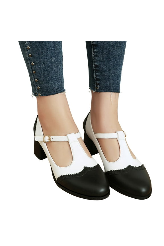 Heels for Women Trendy T-Strap Cutout Block Heel Sandals Cap Toe Dress Shoes