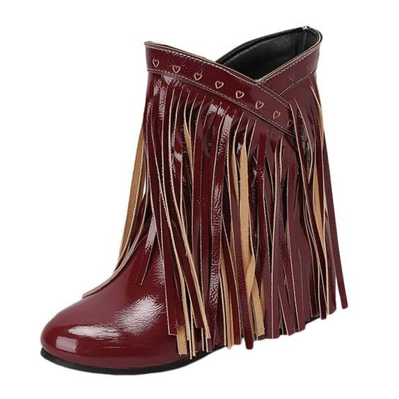Mostsola Hidden Wedge Boots for Women Patent Leather Fashion Fringe Cowboy Boots Booties