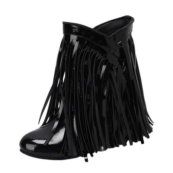 Mostsola Hidden Wedge Boots for Women Patent Leather Fashion Fringe Cowboy Boots Booties