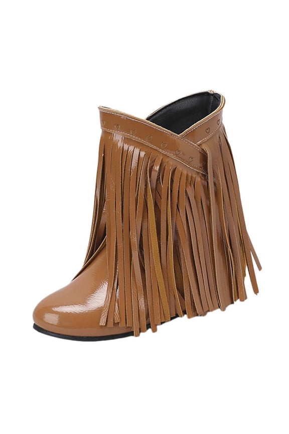 Hidden Wedge Boots for Women Patent Leather Fashion Fringe Cowboy Boots Booties