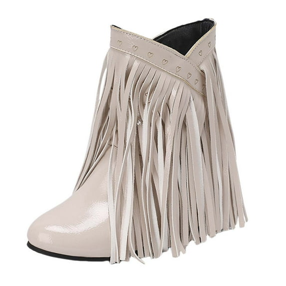 Mostsola Hidden Wedge Boots for Women Patent Leather Fashion Fringe Cowboy Boots Booties