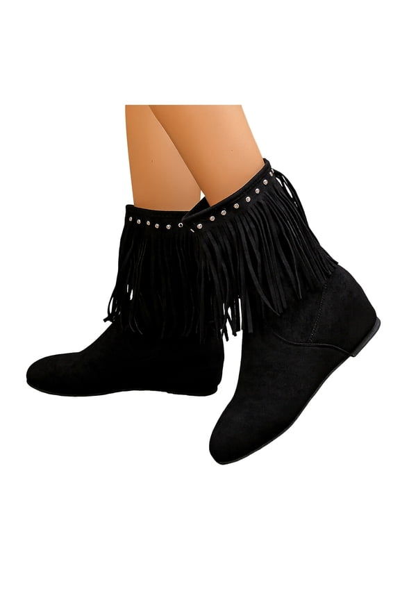 Hidden Wedge Cowboy Boots for Women Casual Pull on Suede Fringe Round Toe Mid Calf Boots