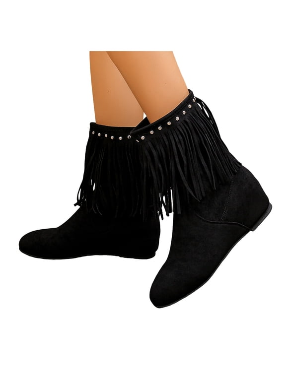 Hidden Wedge Cowboy Boots for Women Casual Pull on Suede Fringe Round Toe Mid Calf Boots