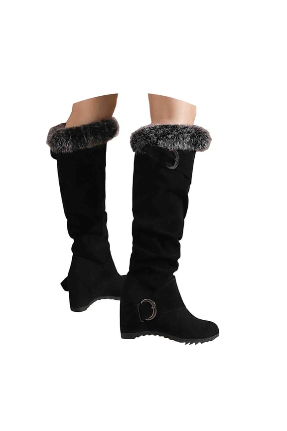 Hidden Wedge Snow Boots for Women Suede Furry Lined Knee High Boots Slouchy Mid Calf Boots