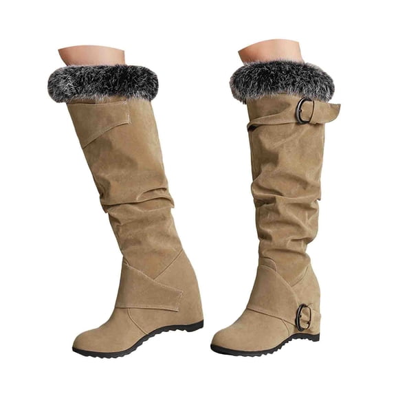Mostsola Hidden Wedge Snow Boots for Women Suede Furry Lined Knee High Boots Slouchy Mid Calf Boots