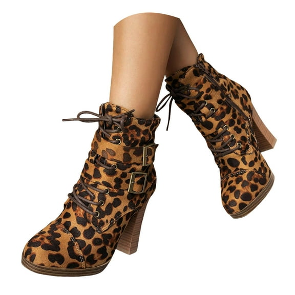Mostsola High Heel Ankle Boots for Women Sexy Suede Leopard Round Toe Platform Mid Calf Booties