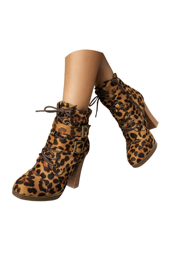 High Heel Ankle Boots for Women Sexy Suede Leopard Round Toe Platform Mid Calf Booties