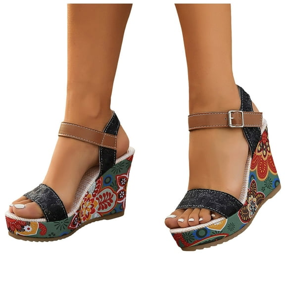 Mostsola High Heel Sandals for Women Platform Wedges Retro Print Open Toe Ankle Strap Heels Pumps