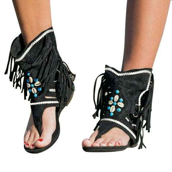 Mostsola High Top Cowboy Sandals for Women Gladiator Flip Flops Flats Tassel Ankle Booties