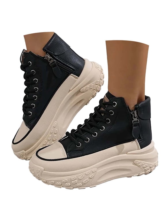 High Top Platform Sneakers for Women Lace up Walking Shoes Side Zipper Fashion Sneakers