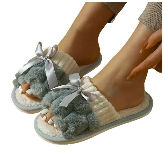 Mostsola House Slippers for Women Open Toe Slides Cute Bowknot Warm Plush Slip on Shoes Flats