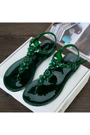 Jelly Sandals for Women Flat Flip Flops with Adjustable Buckle Strap Flower T-Strap Slipper