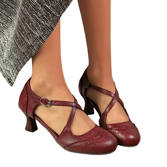 Mostsola Kitten Heels for Women Criss Cross Strap Vintage Cap Toe Round Toe Heeled Oxford Shoes
