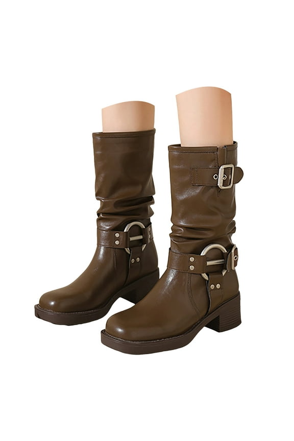 Knee High Boots Women Low Heel Trendy Buckle Riding Motorcycle Boots Pull on Booties