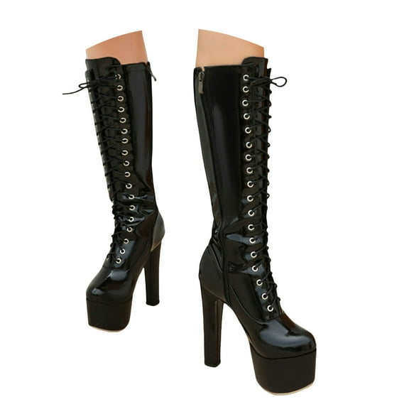 Mostsola Knee High Boots Women High Heel Platform Patent Leather Lace up Long Boots