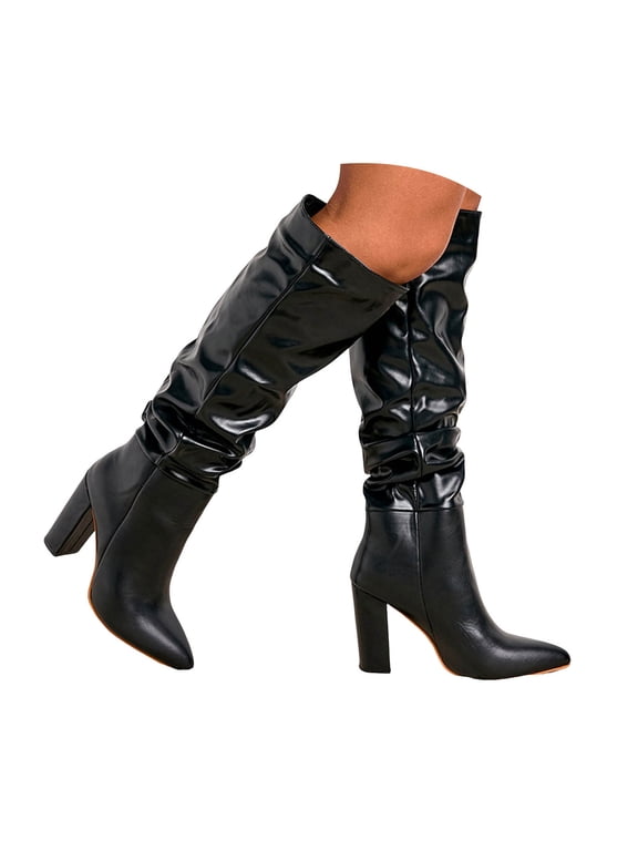 Knee High Boots Women Slouchy Mid Calf Boot Pointed Toe Pull on Block Heel Pumps